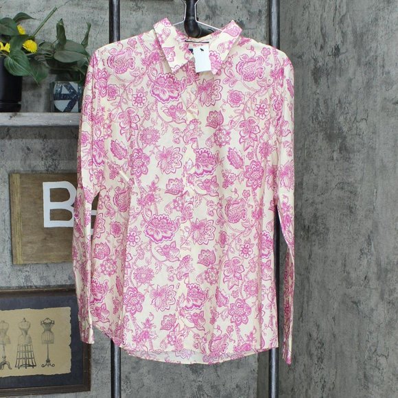 NWT Lands' End Sleeve Dress Shirt 484704 14 Tall Alabaster Jacquard Floral Pink - Picture 1 of 5